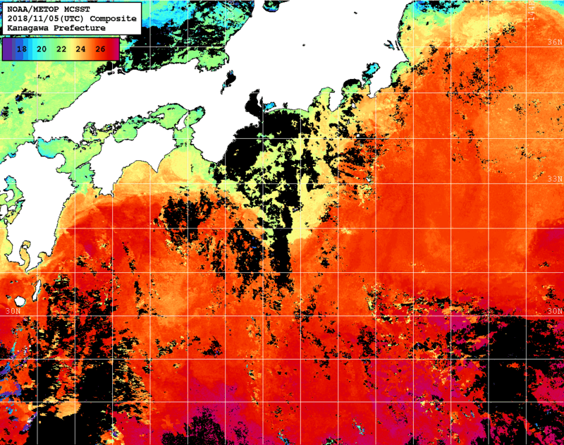 NOAA、MetOp 人工衛星画像 検索結果, 水温分布を図示