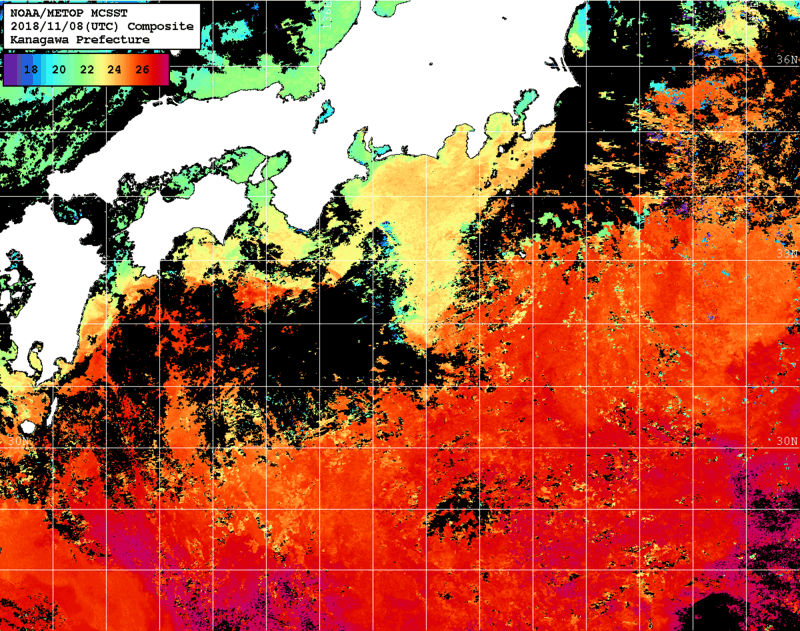 NOAA、MetOp 人工衛星画像 検索結果, 水温分布を図示