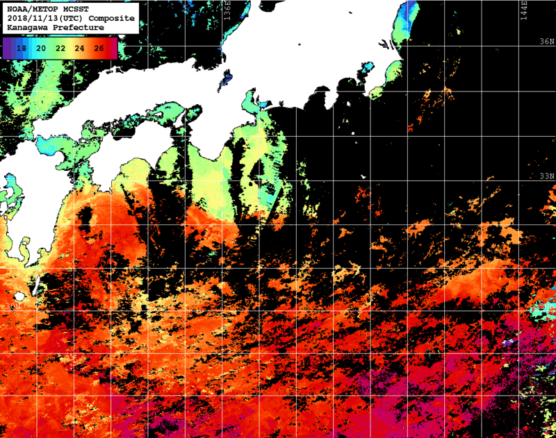 NOAA、MetOp 人工衛星画像 検索結果, 水温分布を図示