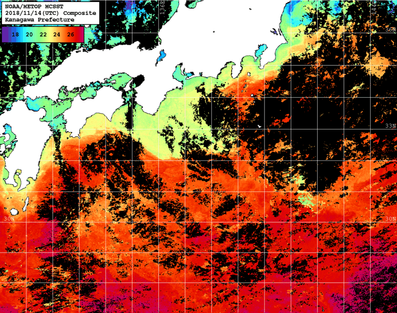 NOAA、MetOp 人工衛星画像 検索結果, 水温分布を図示