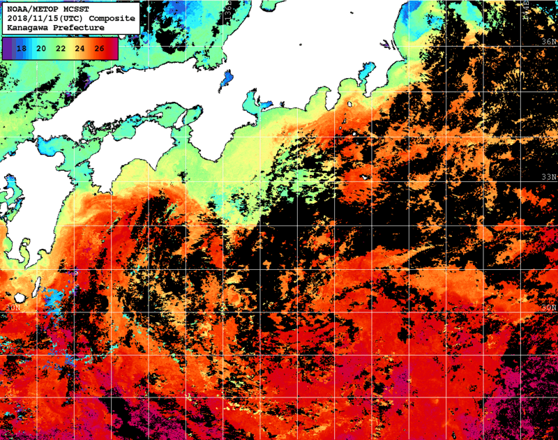 NOAA、MetOp 人工衛星画像 検索結果, 水温分布を図示