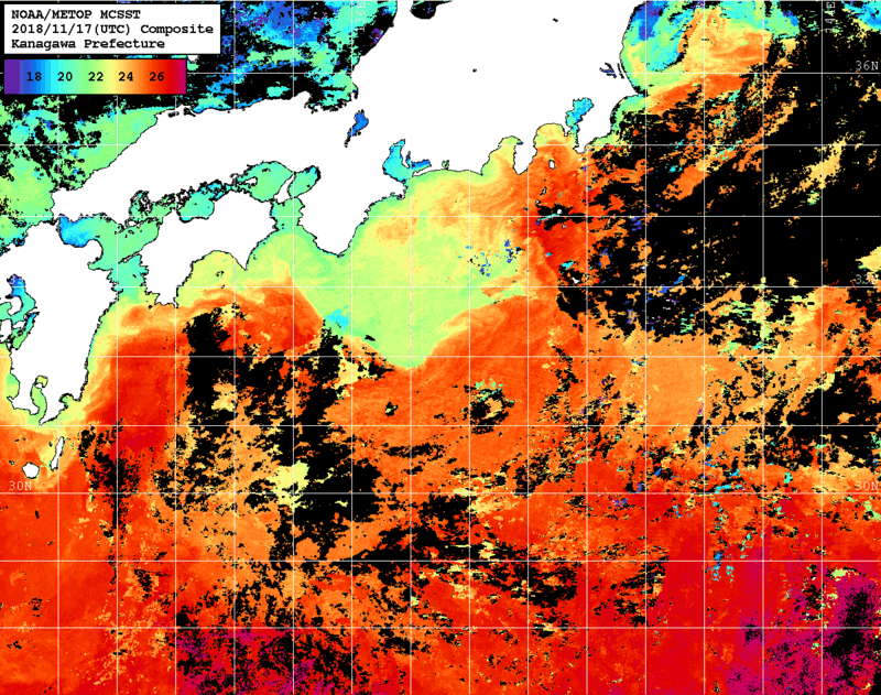 NOAA、MetOp 人工衛星画像 検索結果, 水温分布を図示