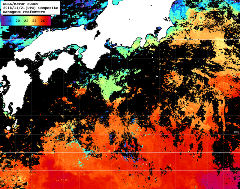 NOAA、MetOp 人工衛星画像 検索結果, 水温分布を図示