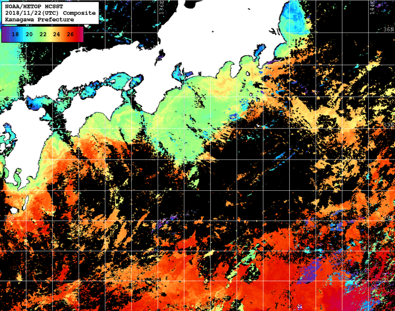 NOAA、MetOp 人工衛星画像 検索結果, 水温分布を図示