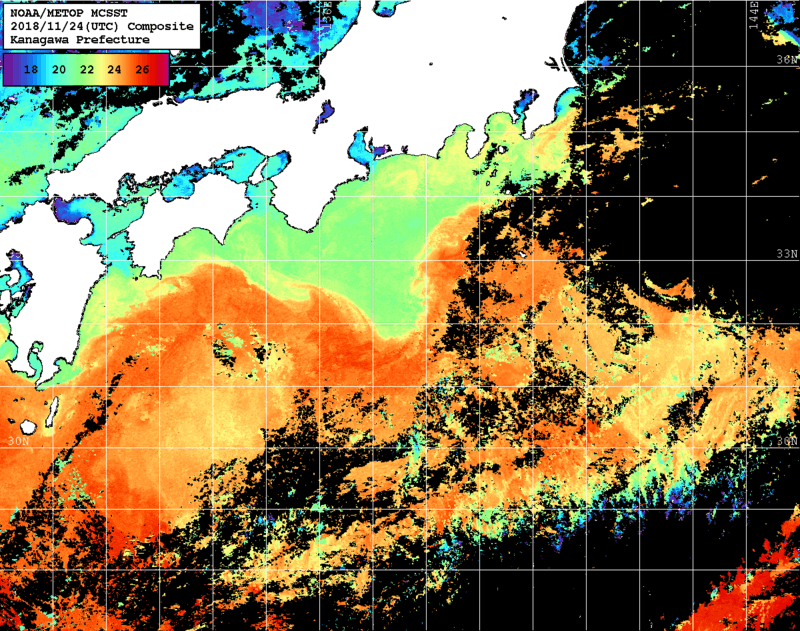 NOAA、MetOp 人工衛星画像 検索結果, 水温分布を図示