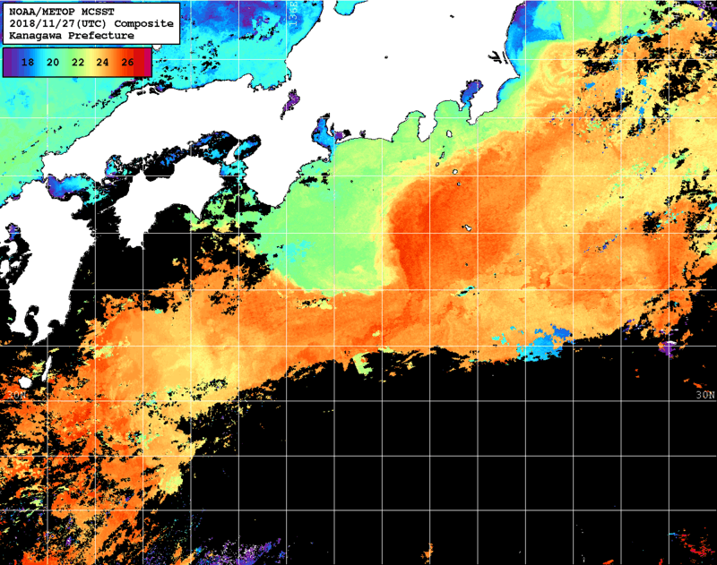 NOAA、MetOp 人工衛星画像 検索結果, 水温分布を図示