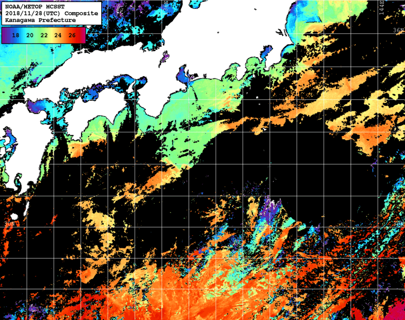 NOAA、MetOp 人工衛星画像 検索結果, 水温分布を図示