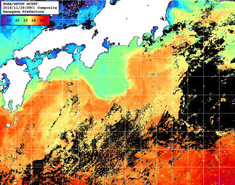 NOAA、MetOp 人工衛星画像 検索結果, 水温分布を図示