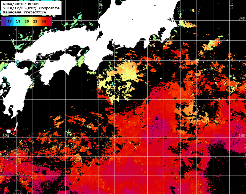 NOAA、MetOp 人工衛星画像 検索結果, 水温分布を図示