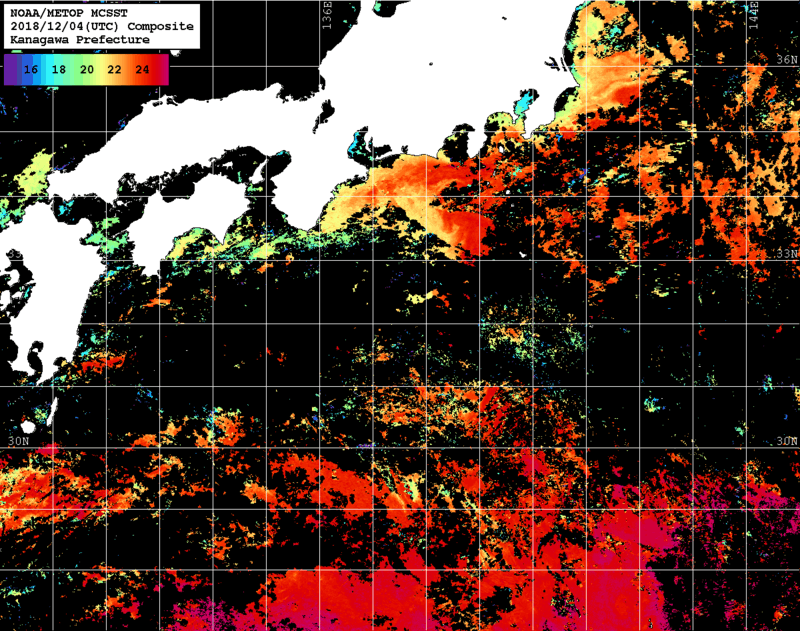 NOAA、MetOp 人工衛星画像 検索結果, 水温分布を図示