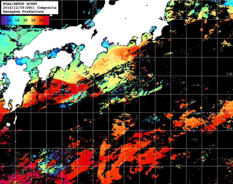 NOAA、MetOp 人工衛星画像 検索結果, 水温分布を図示
