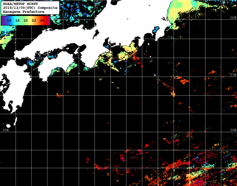 NOAA、MetOp 人工衛星画像 検索結果, 水温分布を図示