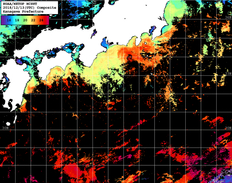 NOAA、MetOp 人工衛星画像 検索結果, 水温分布を図示