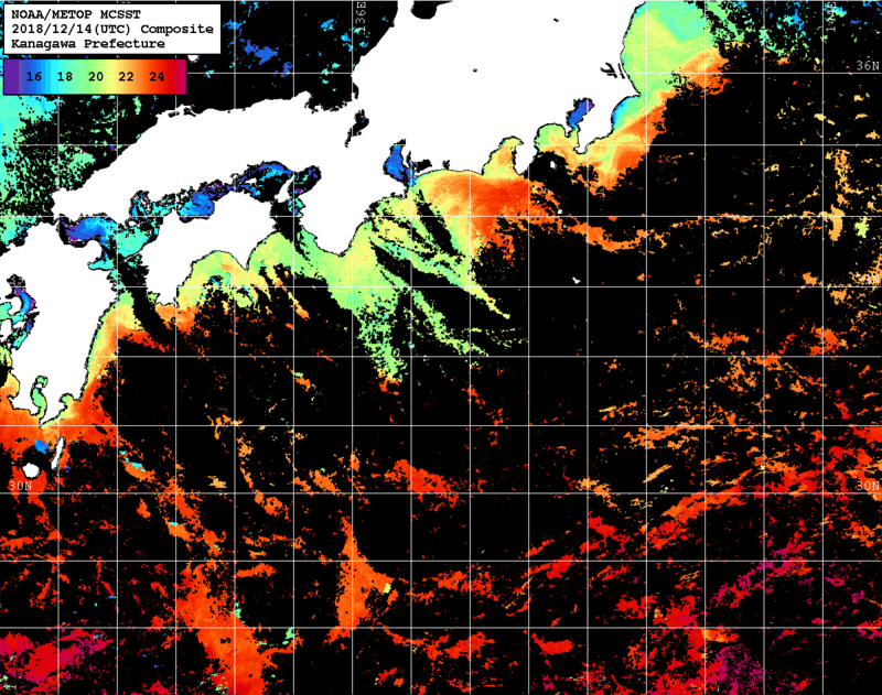 NOAA、MetOp 人工衛星画像 検索結果, 水温分布を図示