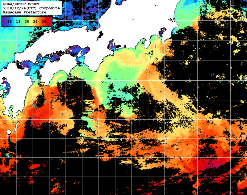 NOAA、MetOp 人工衛星画像 検索結果, 水温分布を図示