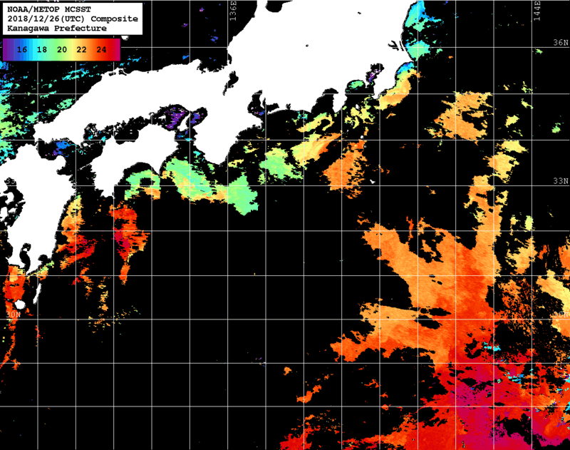 NOAA、MetOp 人工衛星画像 検索結果, 水温分布を図示