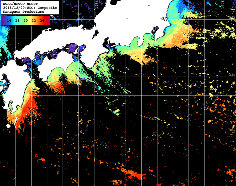 NOAA、MetOp 人工衛星画像 検索結果, 水温分布を図示