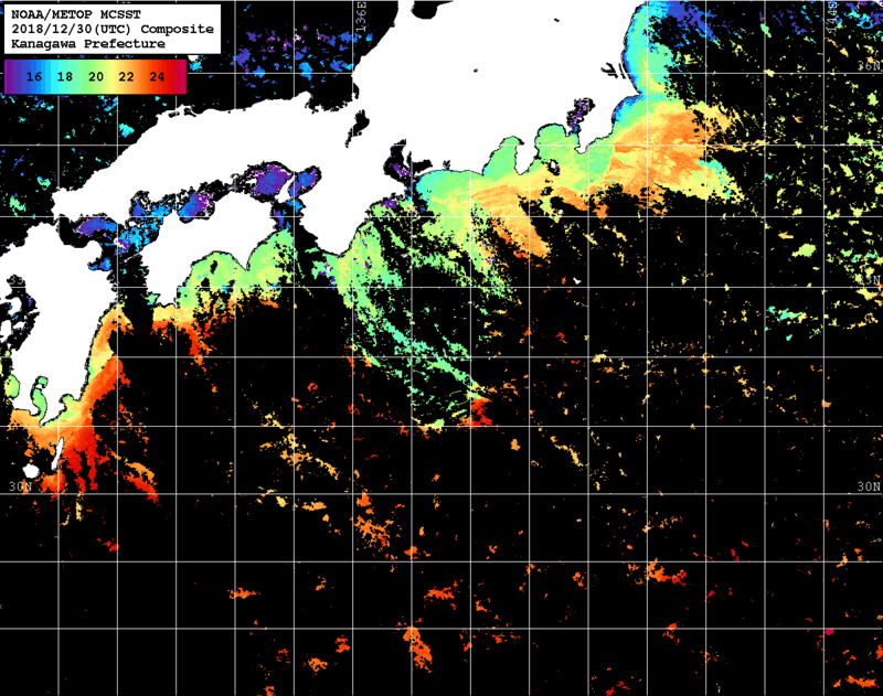 NOAA、MetOp 人工衛星画像 検索結果, 水温分布を図示