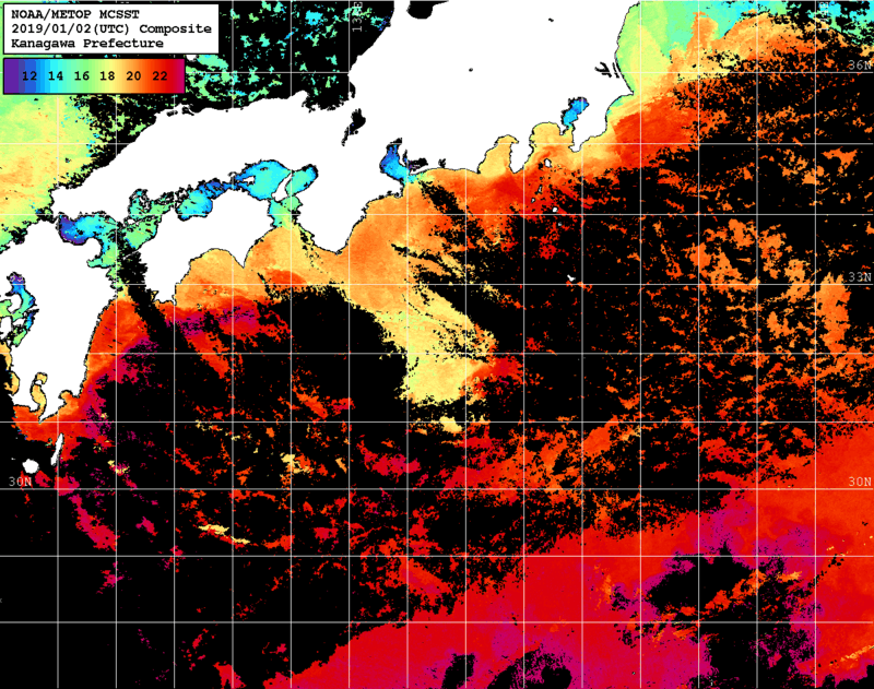 NOAA、MetOp 人工衛星画像 検索結果, 水温分布を図示
