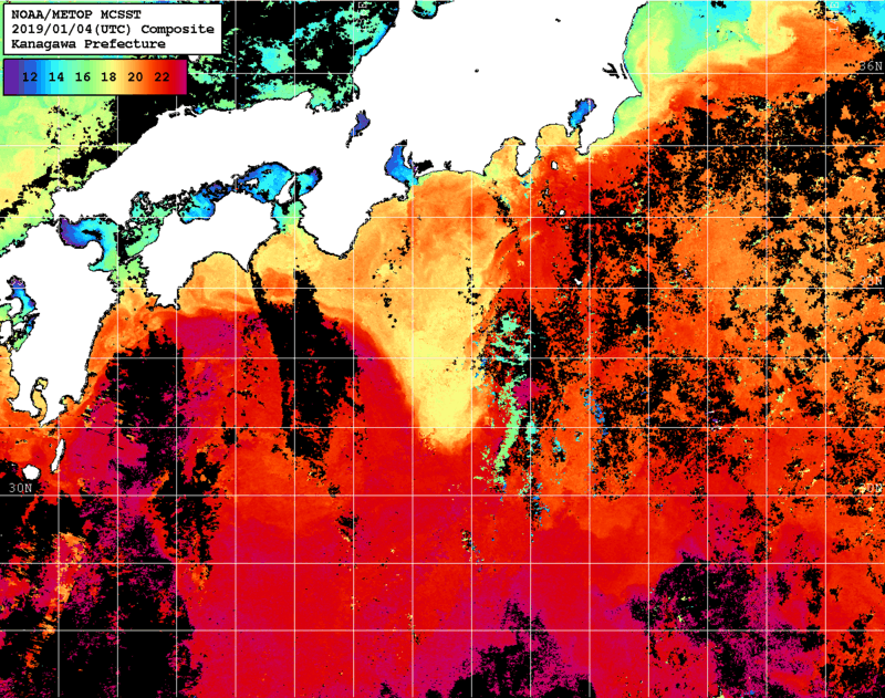 NOAA、MetOp 人工衛星画像 検索結果, 水温分布を図示