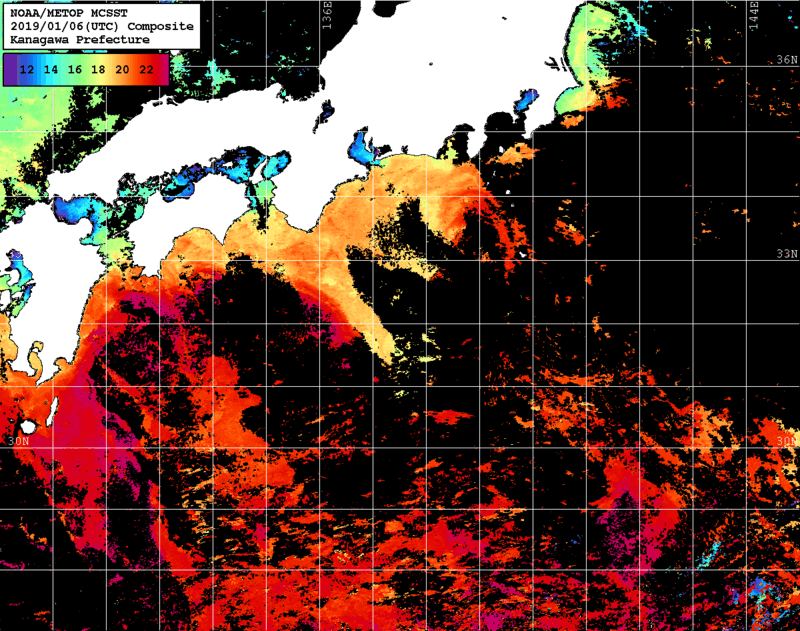 NOAA、MetOp 人工衛星画像 検索結果, 水温分布を図示