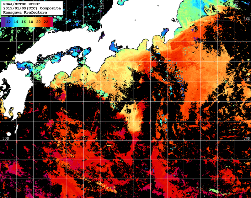 NOAA、MetOp 人工衛星画像 検索結果, 水温分布を図示