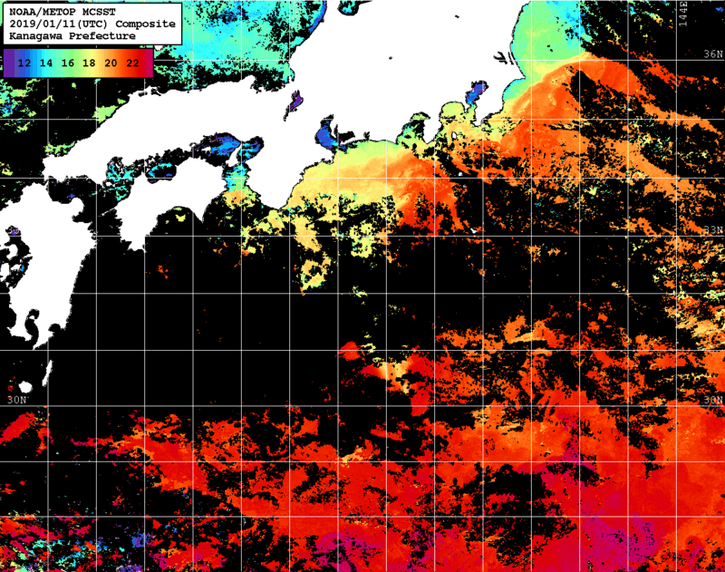 NOAA、MetOp 人工衛星画像 検索結果, 水温分布を図示