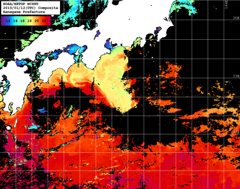 NOAA、MetOp 人工衛星画像 検索結果, 水温分布を図示