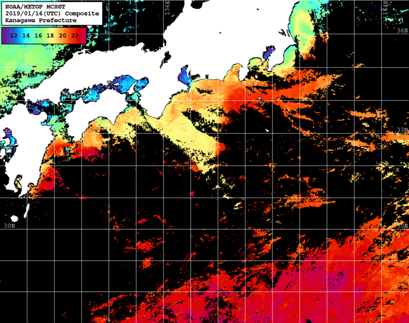 NOAA、MetOp 人工衛星画像 検索結果, 水温分布を図示