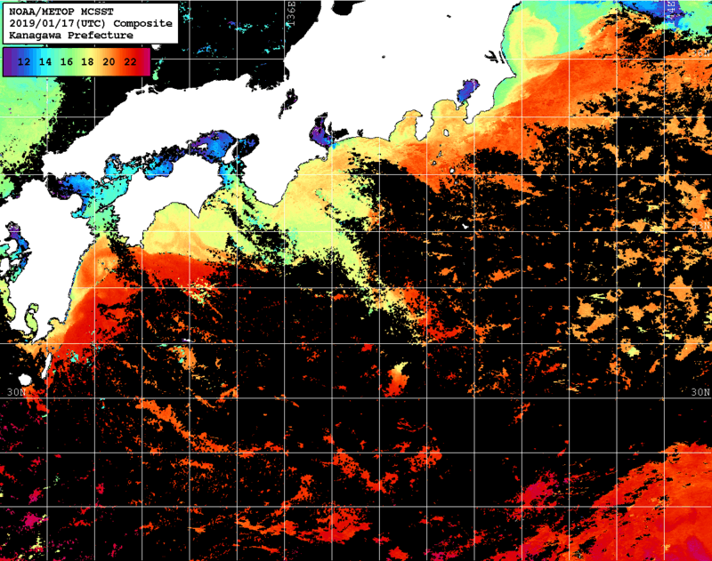 NOAA、MetOp 人工衛星画像 検索結果, 水温分布を図示