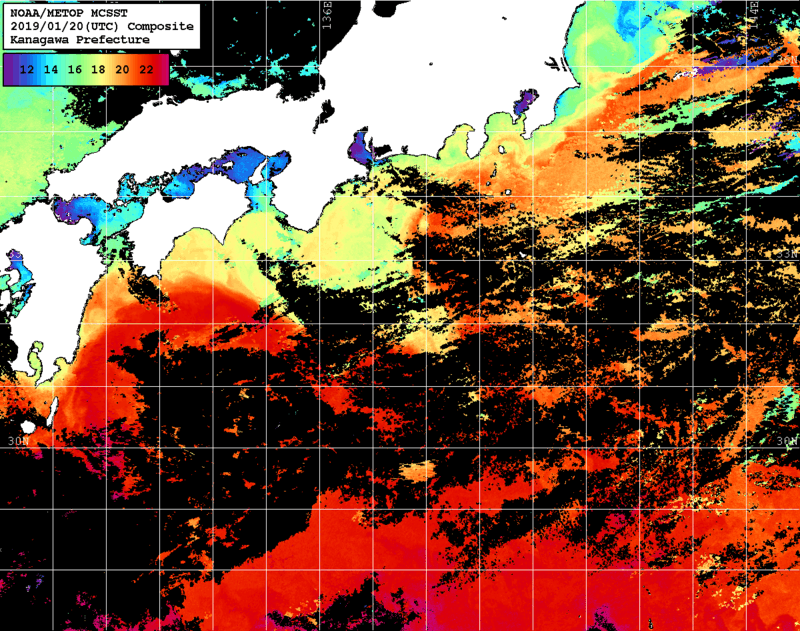 NOAA、MetOp 人工衛星画像 検索結果, 水温分布を図示