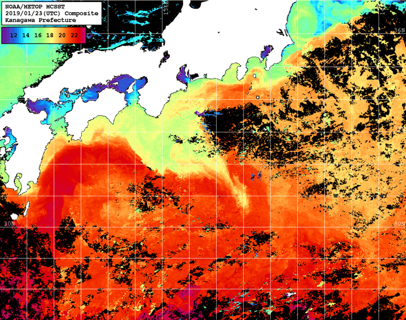 NOAA、MetOp 人工衛星画像 検索結果, 水温分布を図示