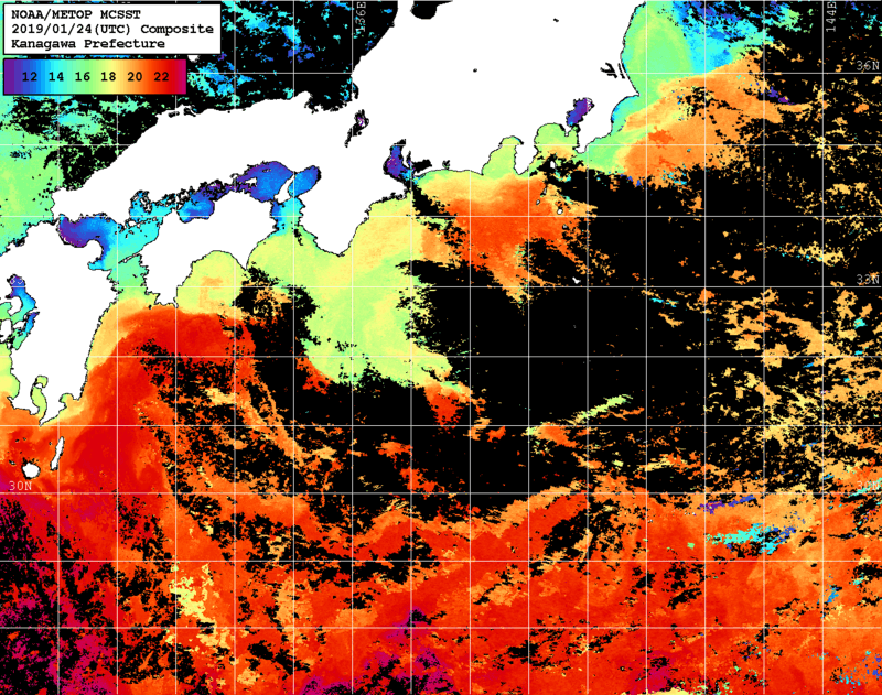 NOAA、MetOp 人工衛星画像 検索結果, 水温分布を図示