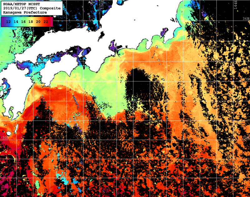 NOAA、MetOp 人工衛星画像 検索結果, 水温分布を図示