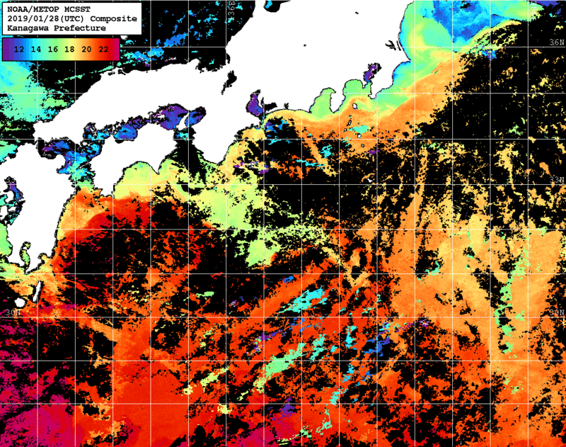 NOAA、MetOp 人工衛星画像 検索結果, 水温分布を図示