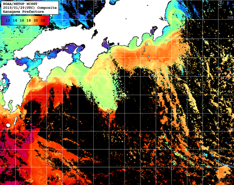 NOAA、MetOp 人工衛星画像 検索結果, 水温分布を図示