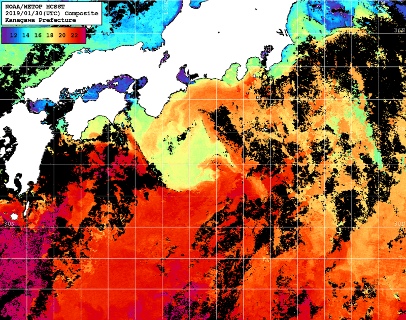 NOAA、MetOp 人工衛星画像 検索結果, 水温分布を図示