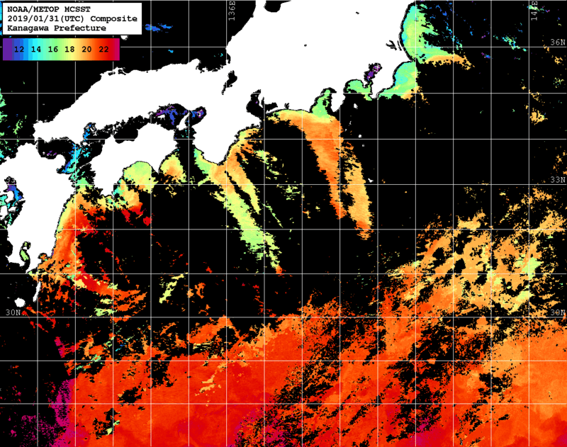 NOAA、MetOp 人工衛星画像 検索結果, 水温分布を図示