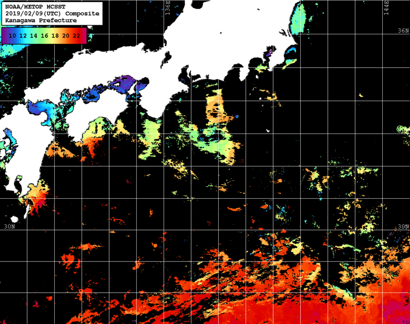NOAA、MetOp 人工衛星画像 検索結果, 水温分布を図示