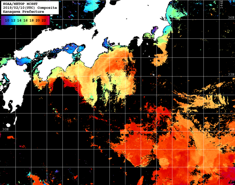 NOAA、MetOp 人工衛星画像 検索結果, 水温分布を図示
