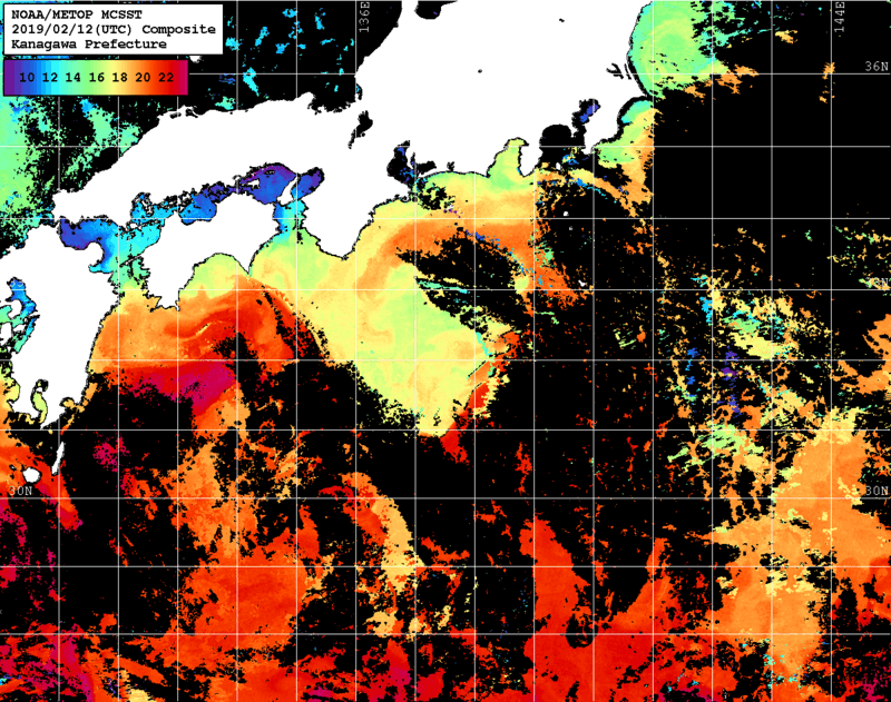 NOAA、MetOp 人工衛星画像 検索結果, 水温分布を図示