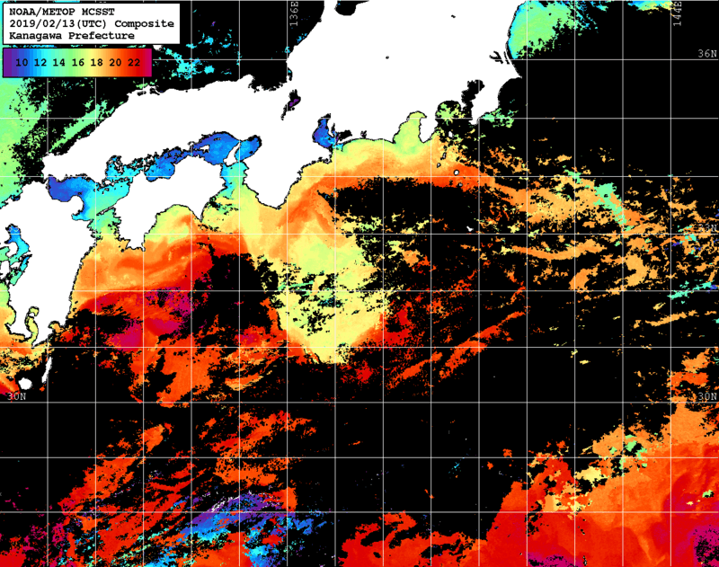 NOAA、MetOp 人工衛星画像 検索結果, 水温分布を図示