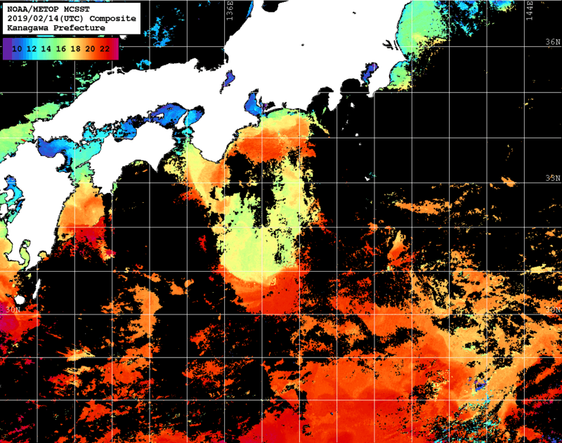 NOAA、MetOp 人工衛星画像 検索結果, 水温分布を図示