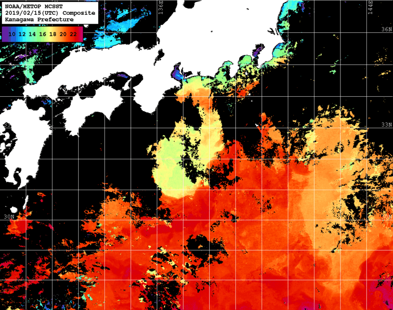 NOAA、MetOp 人工衛星画像 検索結果, 水温分布を図示