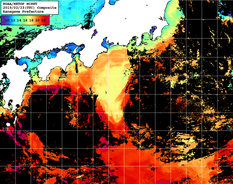 NOAA、MetOp 人工衛星画像 検索結果, 水温分布を図示