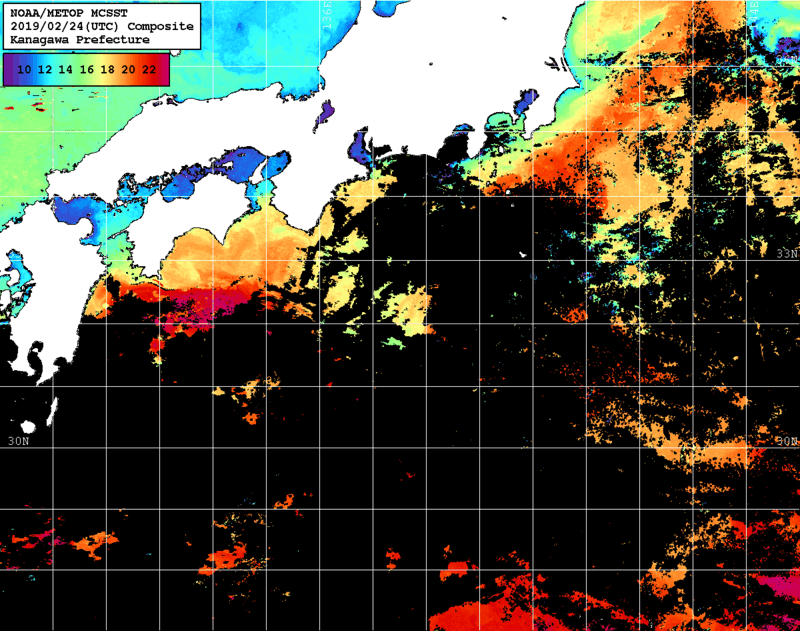 NOAA、MetOp 人工衛星画像 検索結果, 水温分布を図示