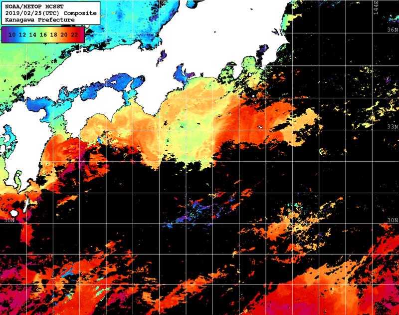 NOAA、MetOp 人工衛星画像 検索結果, 水温分布を図示