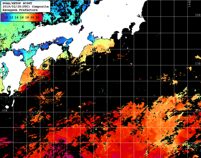 NOAA、MetOp 人工衛星画像 検索結果, 水温分布を図示