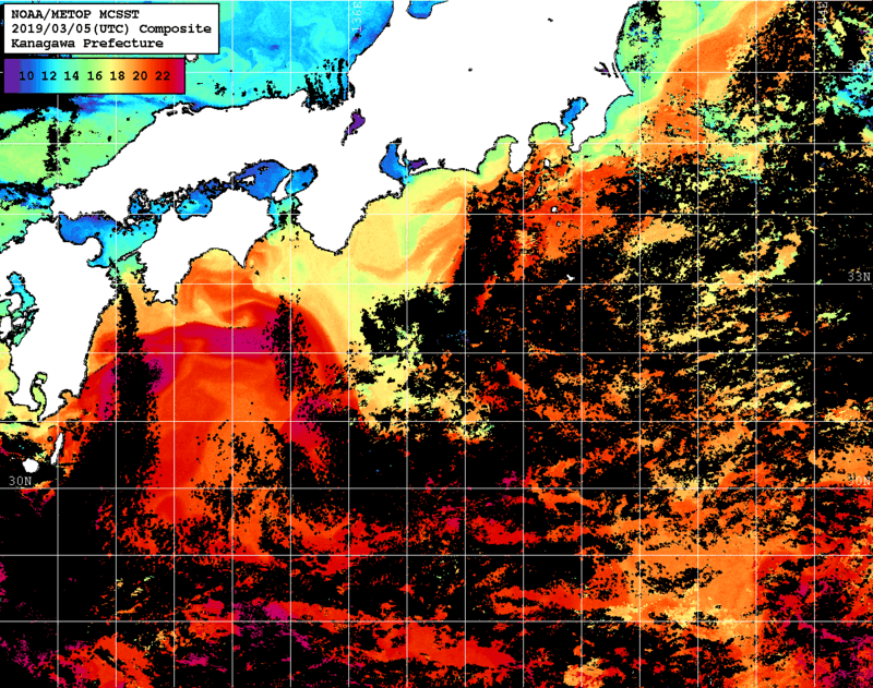 NOAA、MetOp 人工衛星画像 検索結果, 水温分布を図示