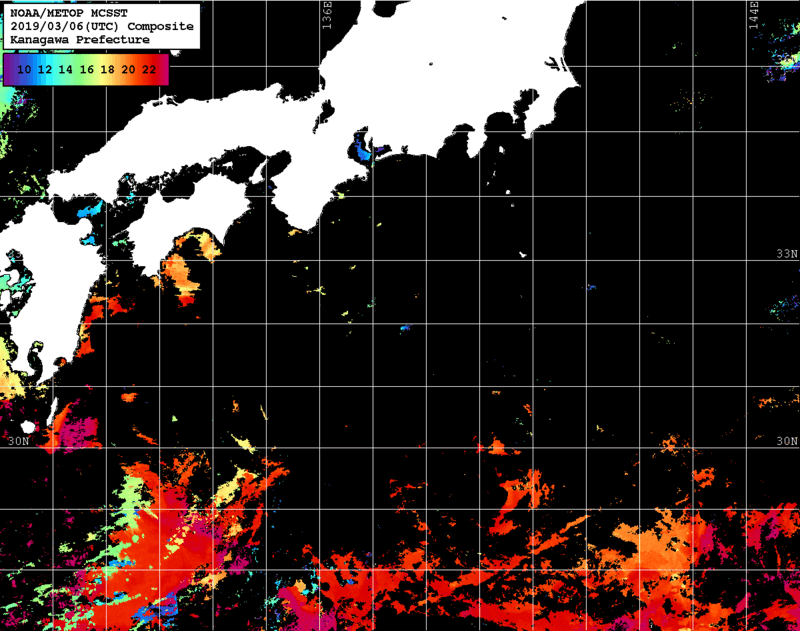 NOAA、MetOp 人工衛星画像 検索結果, 水温分布を図示